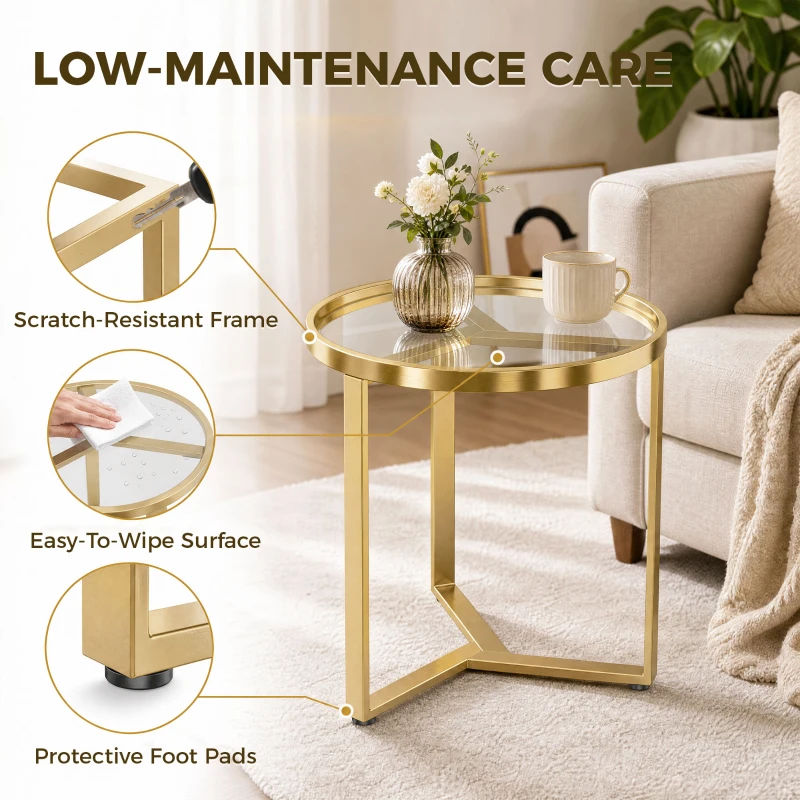 HOMCOM Round Side Table with Tempered Glass Top and Geometric Metal Frame for Small Space, Gold Tone