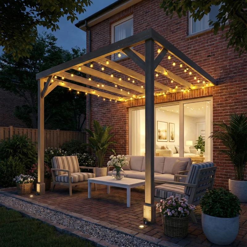 Outsunny Lean-To Wooden Pergola Kit, Decorative Garden Gazebo with Stable Structure and Concrete Anchors, 2.4 x 2.4m, Light Brown