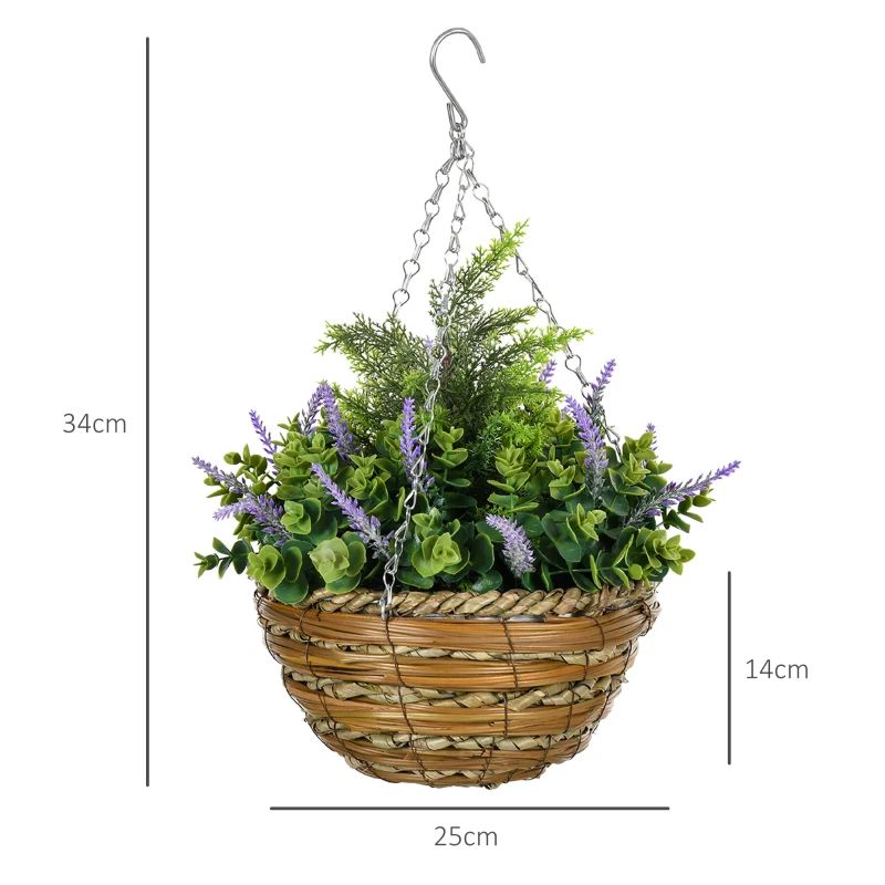 Outsunny Set 2 Plante Artificiale de Lavandă cu Ghiveci și Agățătoare, din PE și Ratan, Ø25x34 cm, Verde și Violet(m-3)