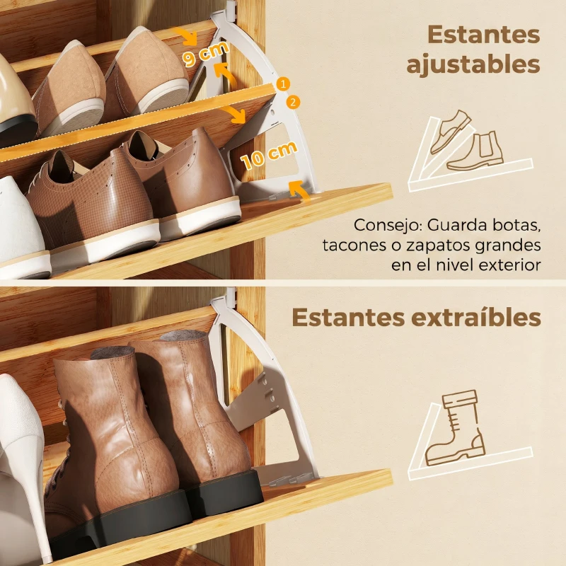 HOMCOM Zapatero Estrecho de Bambú con 3 Cajones Abatibles de Ratán para 18-21 Pares de Zapatos 69x29x119,8 cm Natural