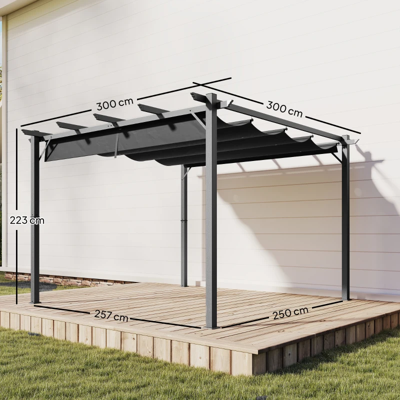 Outsunny Pérgola de Jardín 3x3 m con Techo Retráctil Protección UPF30+ Drenaje Marco de Aluminio para Patio Exterior Gris Oscuro