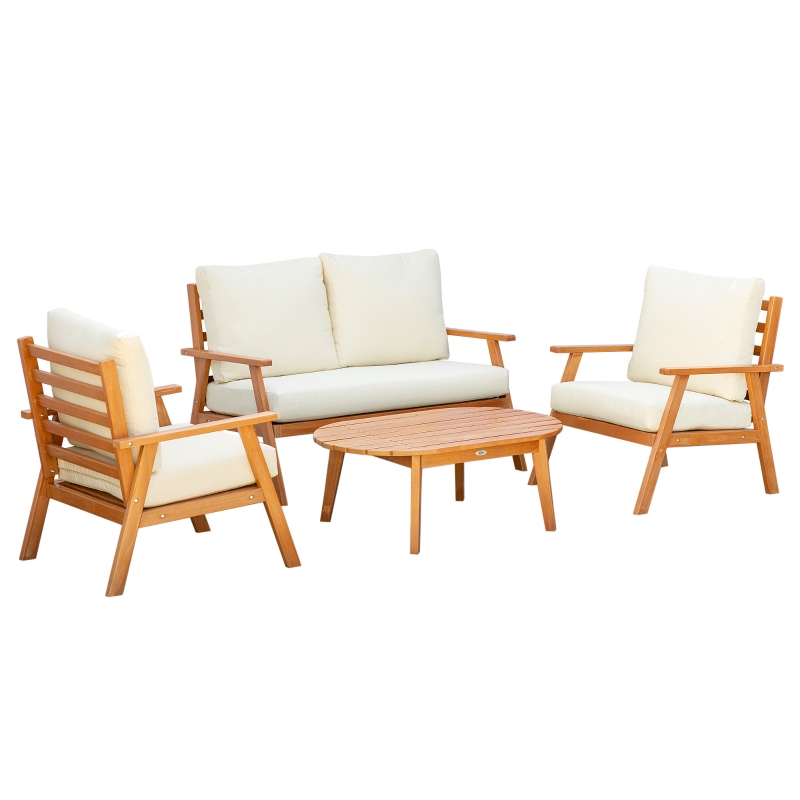 Outsunny Gartenmöbel-Set für 4 Personen Balkonmöbel-Set mit Sitzkissen, Couchtisch, Kiefernholz, Beige