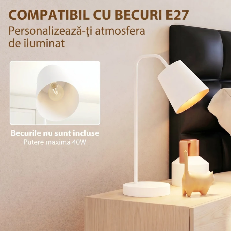 HOMCOM Set de 2 Veioze Moderne din Oțel cu Porturi USB, Soclu E27, Bec Neinclus, Alb