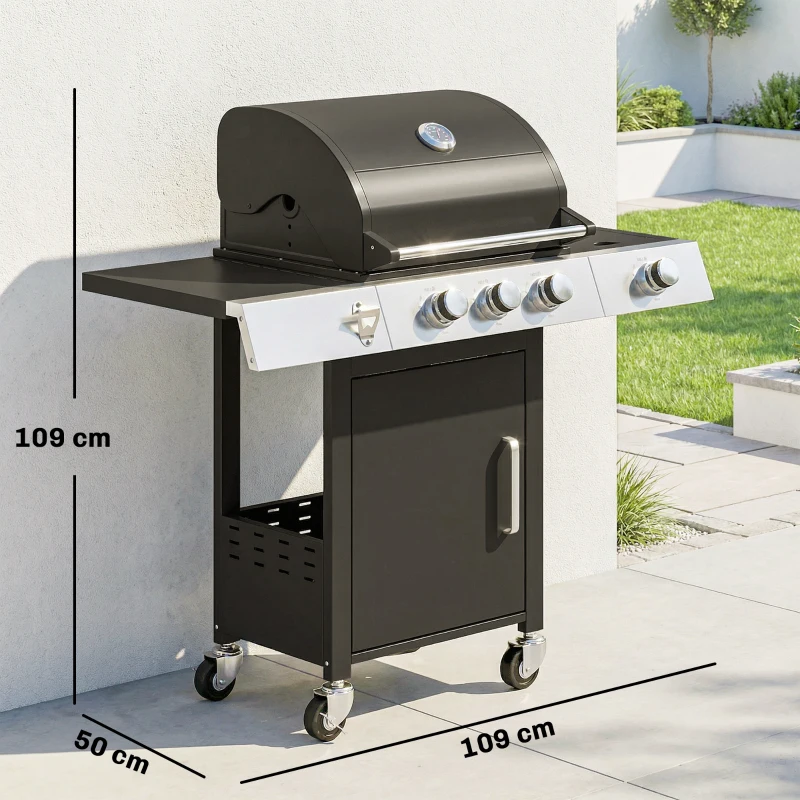 Outsunny Gasgrill 10,5 KW 3+1 Brenner BBQ Grillwagen Edelstahl inkl Seitenbrenner Flaschenöffner Thermometer Gusseisen-Grillrost