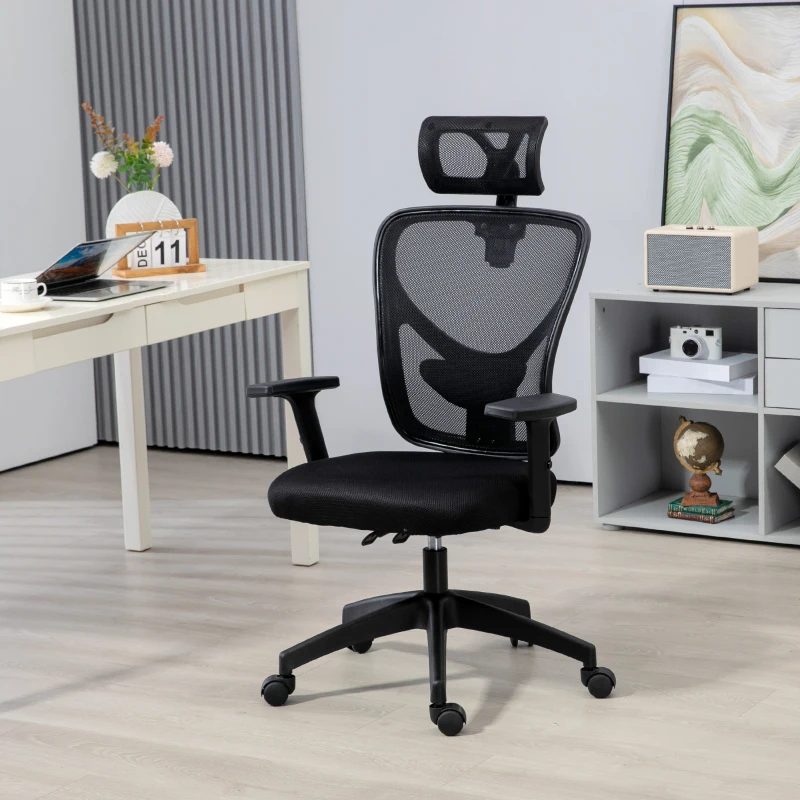 Vinsetto Sedia da Ufficio Ergonomica con Altezza Regolabile, Supporto Lombare e Poggiatesta, 66x61x106-116cm Nero