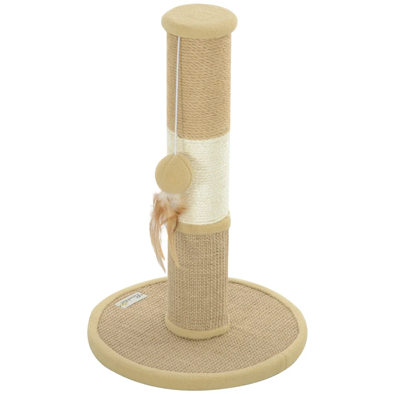 PawHut Cat Scratching Post for Indoor Cats, 47cm Tall Cat Scratcher with Jute Sisal Rope, Hanging Toy Ball, Feather, Brown