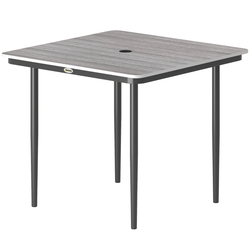 Outsunny Garden Dining Table for 4, 85 cm Square Outdoor Table with Umbrella Hole, Faux Wood Top, Metal Legs, Light Grey