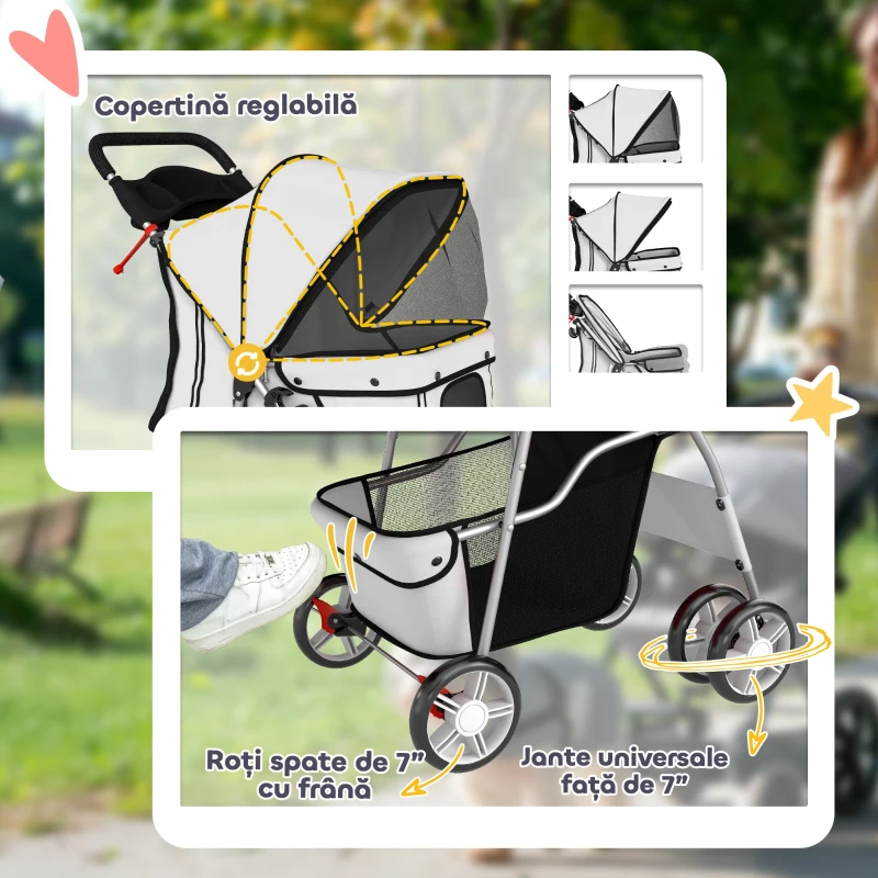 PawHut Cărucior pentru Câini Pliabil cu Husă de Ploaie, Roți Rotative și Pernă Lavabilă, Oțel și Poliester, Gri