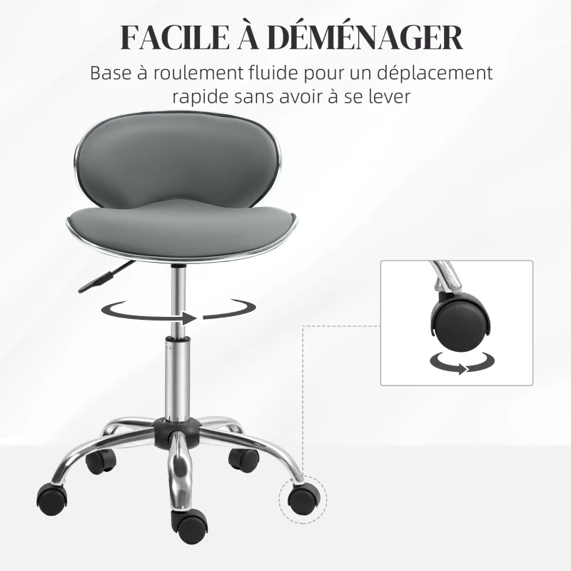 HOMCOM Tabouret à roulettes tabouret de travail avec hauteur réglable 44-56 cm et dossier, pivotant 360°, gris