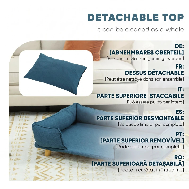 PawHut Canapea Lettino pentru Câini Mari de până la 30 kg de Interior cu Pernă Detașabilă, 96x66x24 cm, Albastru