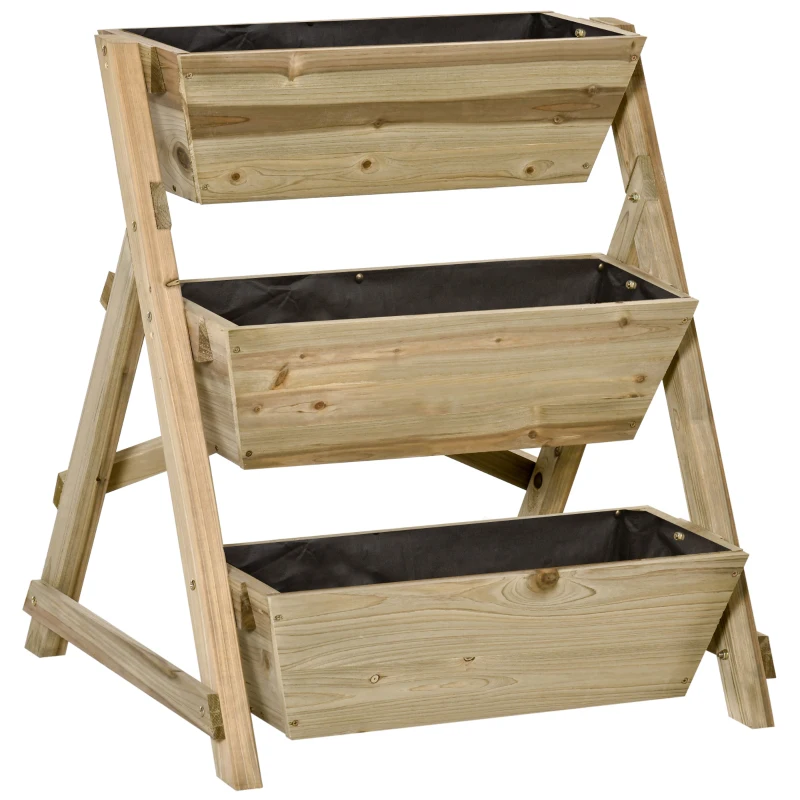 Outsunny Jardinera de Escalera de 3 Niveles Maceteros de Madera Jardinera Vertical con Tela no Tejida y Orificios de Drenaje Huerto Urbano para Plantas Macetas Flores Jardín 71x61x77 cm Natural