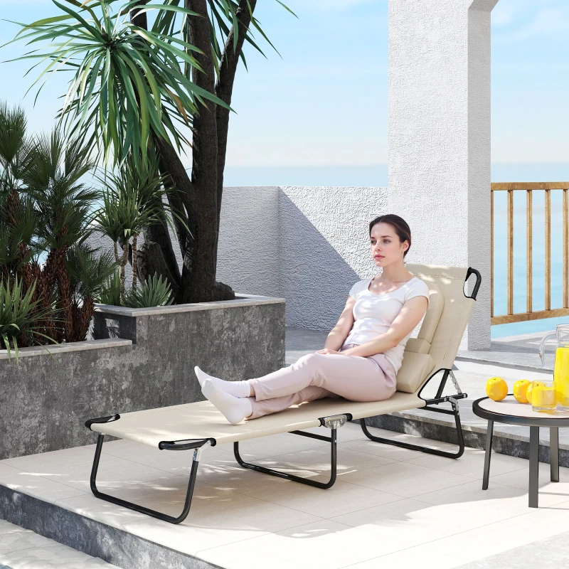 Outsunny Outdoor Foldable Sun Lounger, 4 Level Adjustable Backrest Reclining Sun Lounger Chair with Pillow and Reading Hole, Beige