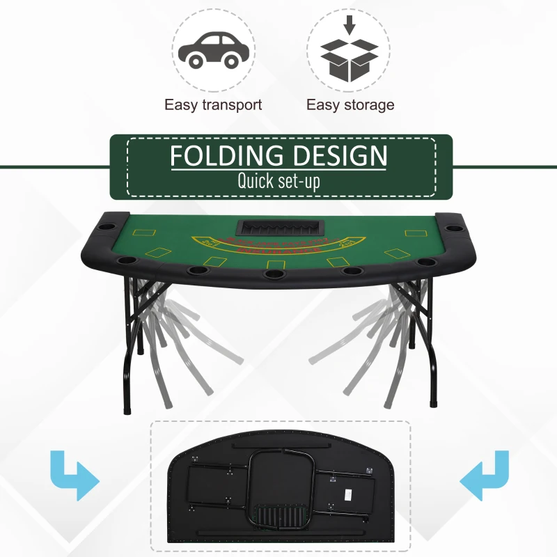 HOMCOM Poker Table, 7-Player Folding Blackjack Table with Chip Tray, Cup Holders, Padded Rails, 182 x 91 x 75 cm, Green