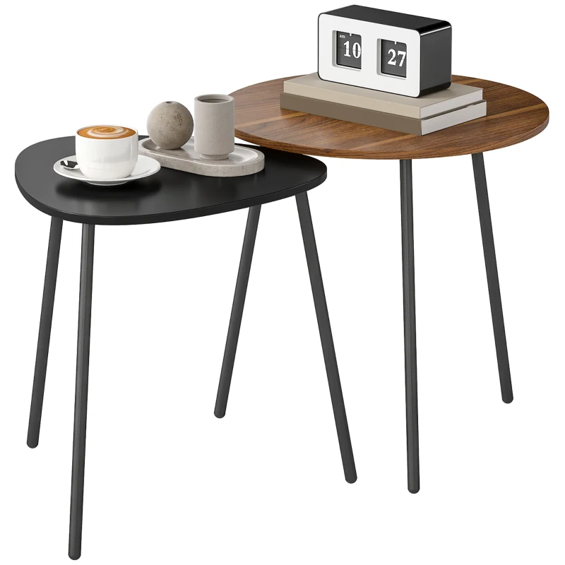 HOMCOM Set 2 Mese de Cafea Suprapozabile cu Cadru din Metal pentru Living și Birou, Nuc și Negru