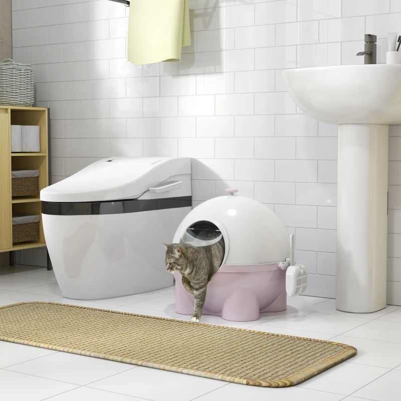 PawHut Litiere pentru Pisici 4kg Max cu Capac și Lopățică Inclusă, 53x51x48 cm, Albă și Roz
