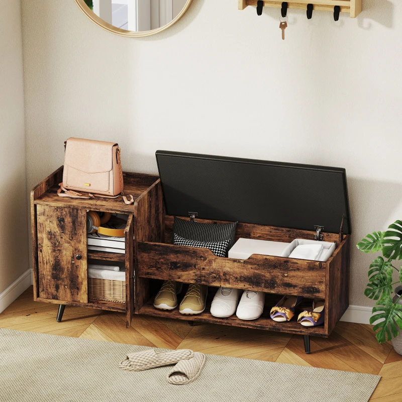 HOMCOM Banco Zapatero Industrial con Asiento Acolchado Compartimento Oculto Estantes Puertas 127x35x59 cm Marrón Rústico