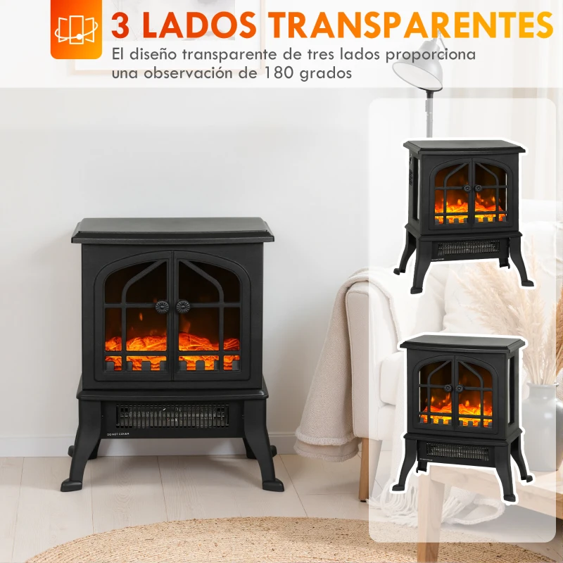 HOMCOM Chimenea Eléctrica de Pie  900/1800W Efecto Llama 3D Termostato Ajustable Ventanas Visibles para 15-30 ㎡ Negro
