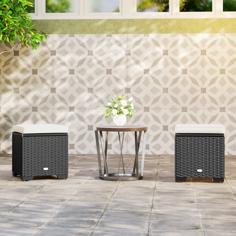Outsunny Set of 2 Rattan Storage Ottoman, Outdoor Footstool with Removable Cushions, Garden Storage Seat for Balcony, Porch, Living Room, Cream