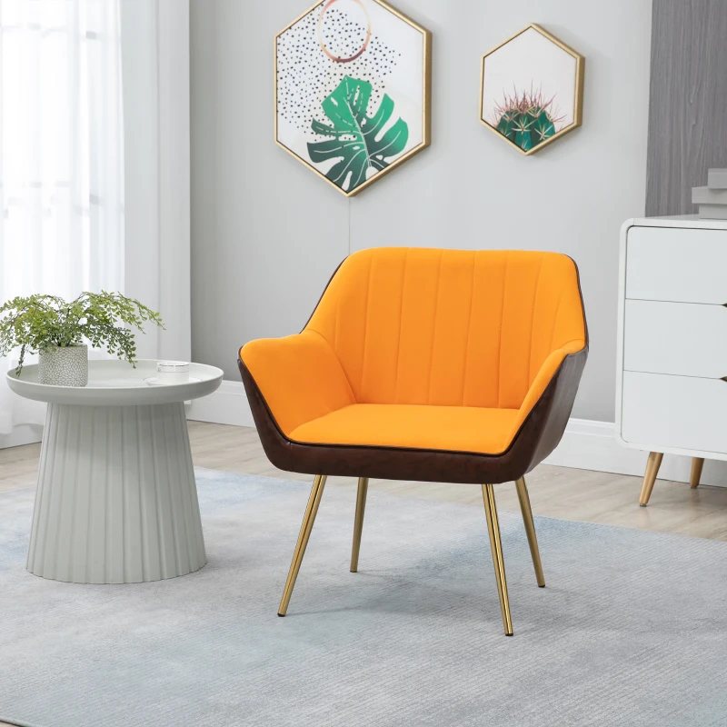 HOMCOM Silla de Cuero Sintético y Terciopelo con Respaldo a Rayas Patas Doradas y Asiento Acolchado para Salón Dormitorio Gris