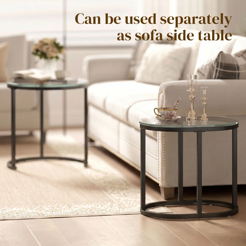 HOMCOM Nest of Tables with Steel Frame and Tempered Glass Tabletop, Modern Coffee Table Set of 2, Black