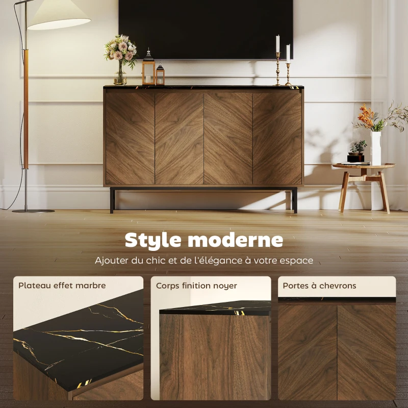 HOMCOM Meuble TV, meuble télé avec 4 portes, plateau effet marbre, étagères réglables, 120x39x76cm, noyer