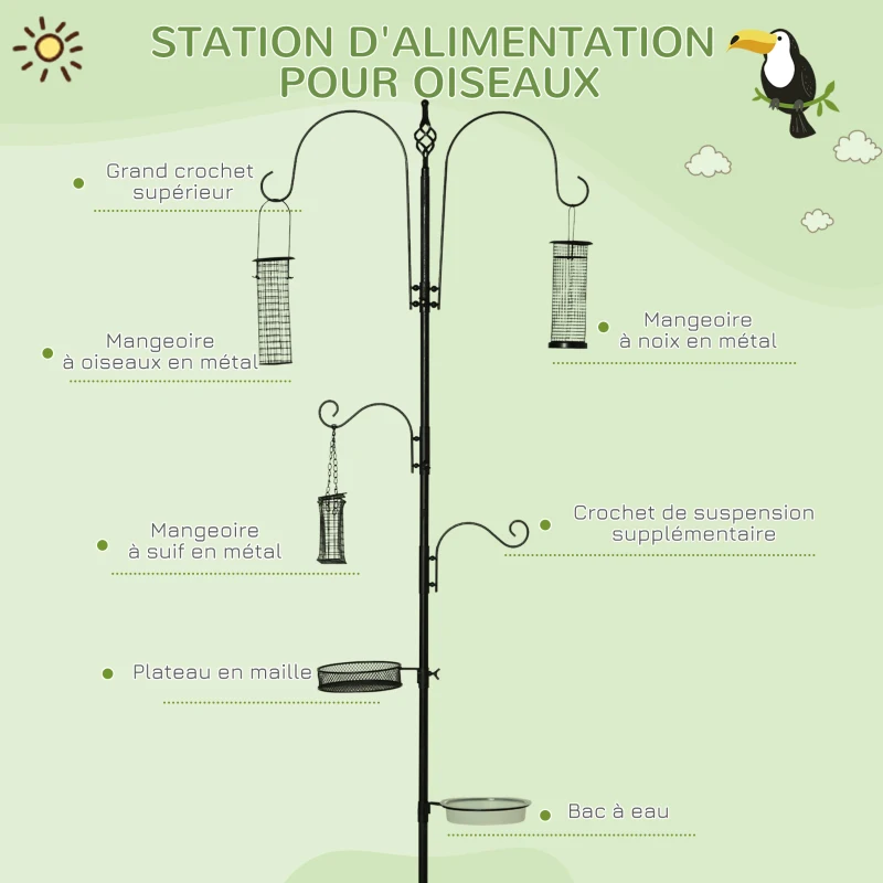 PawHut Station d'alimentation pour oiseaux en acier, mangeoir à oiseaux sur pied 208H cm avec 4 crochets, noir