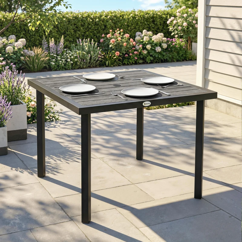 Outsunny Square Garden Dining Table with Parasol Hole, Slatted Top, Metal Frame, 86 x 86 x 71 cm, Light Grey