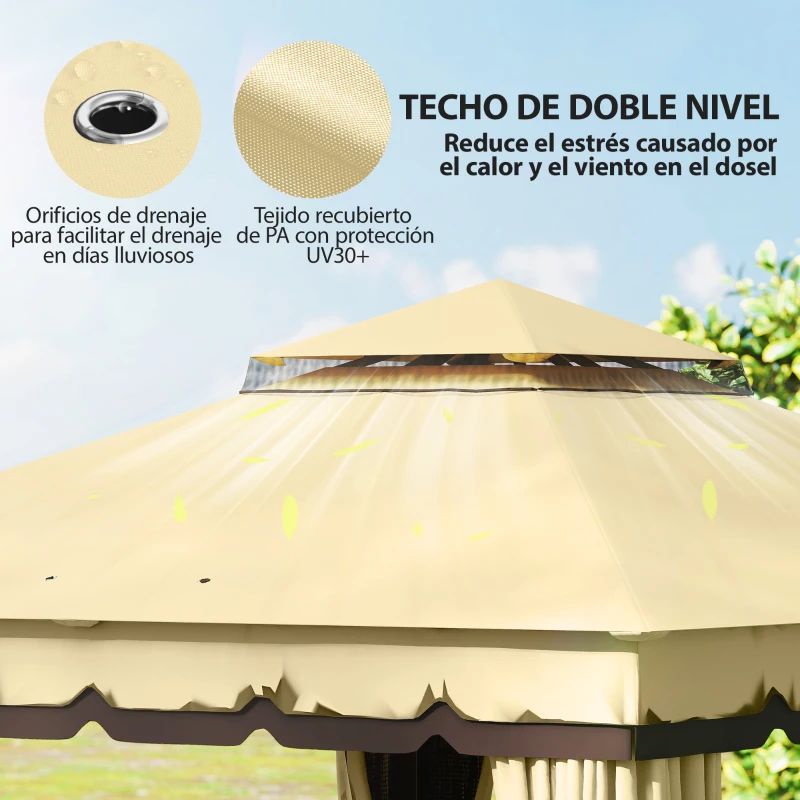 Outsunny Cenador de Jardín 3,7x3 m con Doble Techo 4 Cortinas y Mosquitera Marco de Acero Orificios de Drenaje  UV30+ Beige