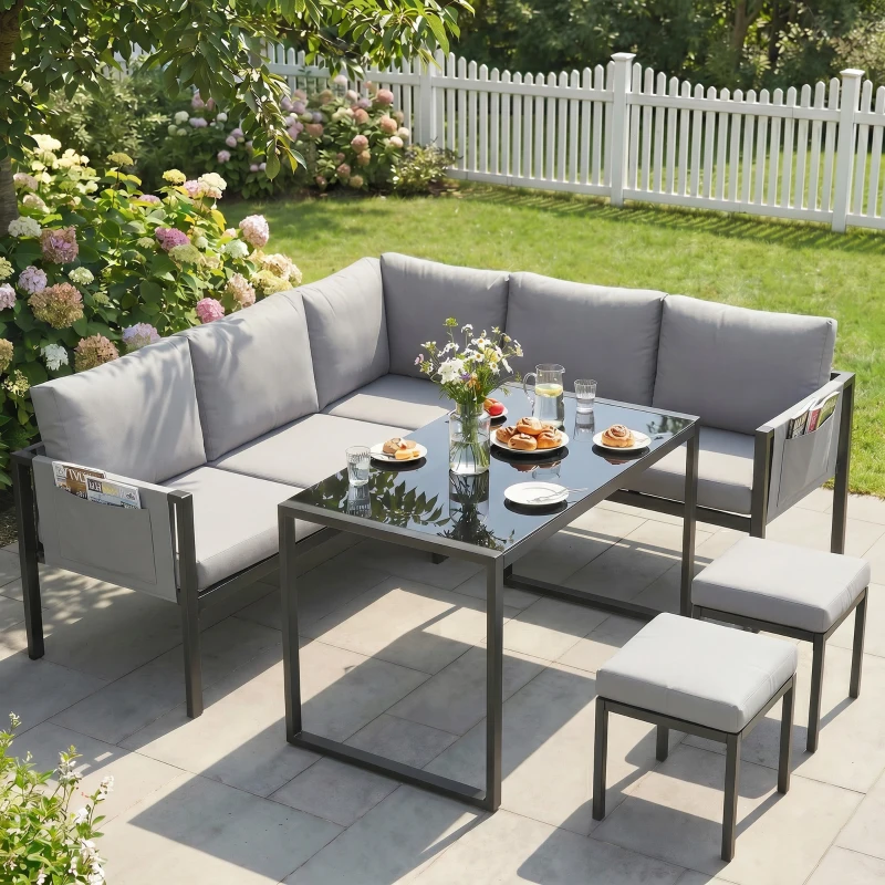 Outsunny Salon de Jardin Canapé d'Angle Extérieur 6 Pièces Coussins 10cm Table Haute et 2 Repose-pieds Gris