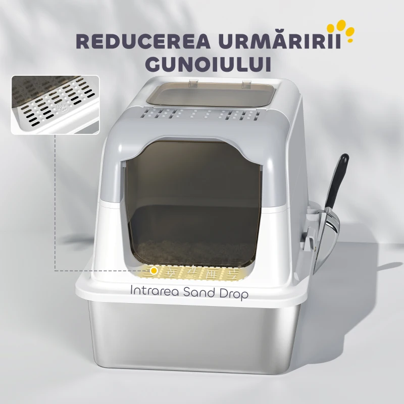 PawHut Lădiță pentru pisici închisă cu 2 intrări, deodorant și lopățică, 60,4x40,4x41,8 cm, alb și gri