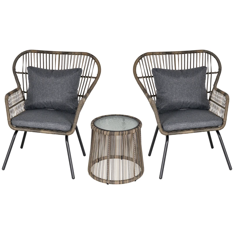 Outsunny 3 Pieces Rattan Bistro Set, Wicker Garden Furniture Set with Cushions, Glass Top Coffee Table and Chairs for Outdoor, Patio, Balcony, Grey