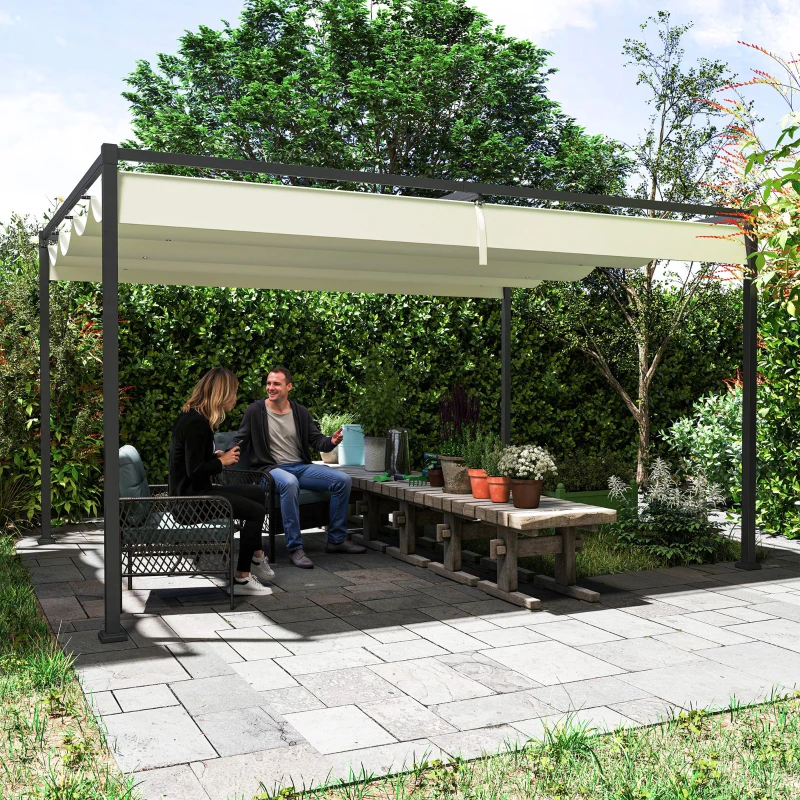 Outsunny Pergola Gazebo da Esterno 4x3 m con Tettuccio Retrattile in Metallo e Poliestere, Crema