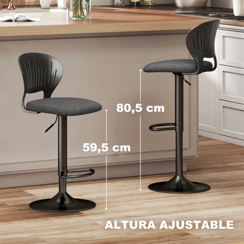 HOMCOM Juego de 2 Taburetes de Bar Giratorios en 360° Regulables en Altura de 84-105 cm Respaldo Hueco Reposapiés Negro