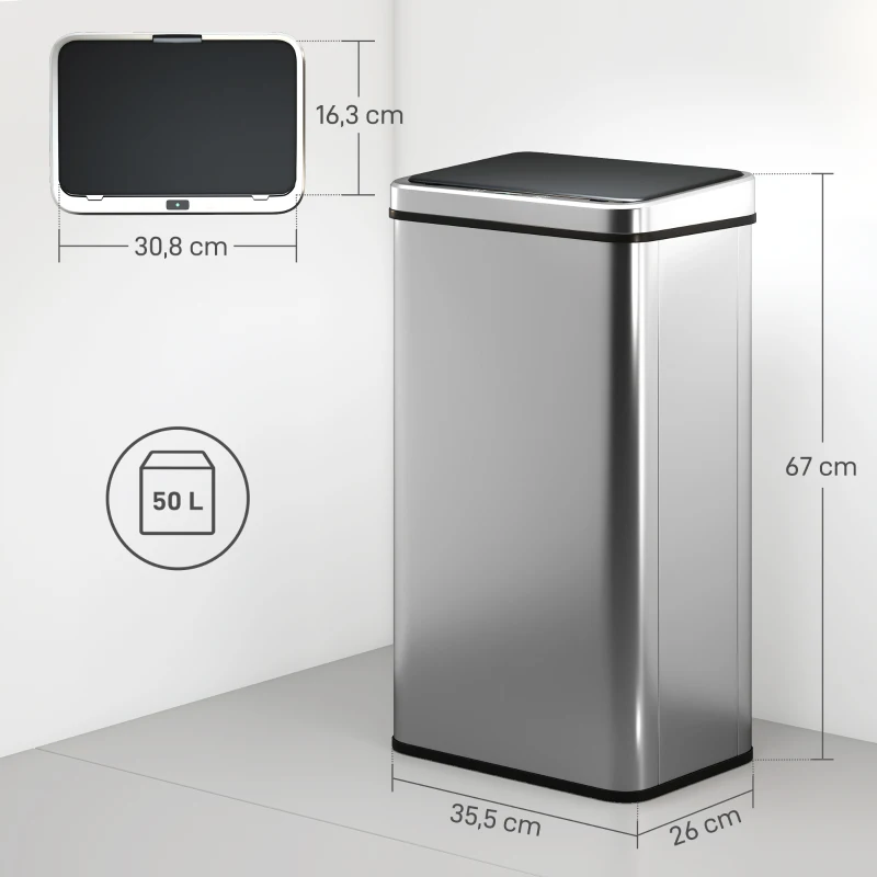 HOMCOM Poubelle à Capteur de 50L, Couvercle à Fermeture en Douceur, Poubelle de Cuisine Automatique Acier Inoxydable, Argenté