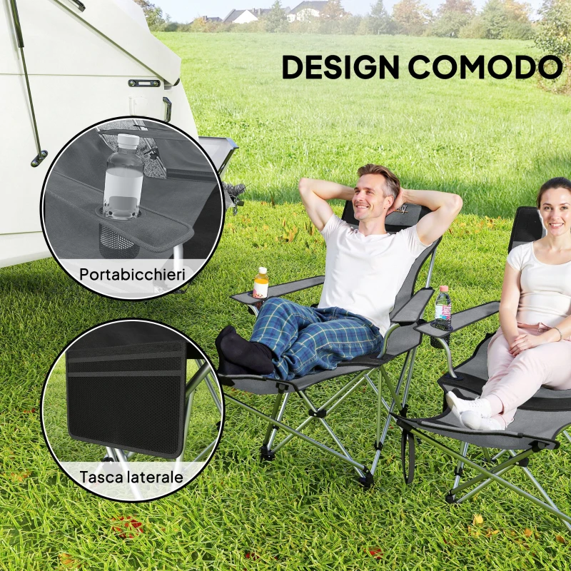 Outsunny Set 2 Sedie da Campeggio Pieghevoli con Poggiapiedi e Portabicchieri, 82x50/100x88 cm, Grigio