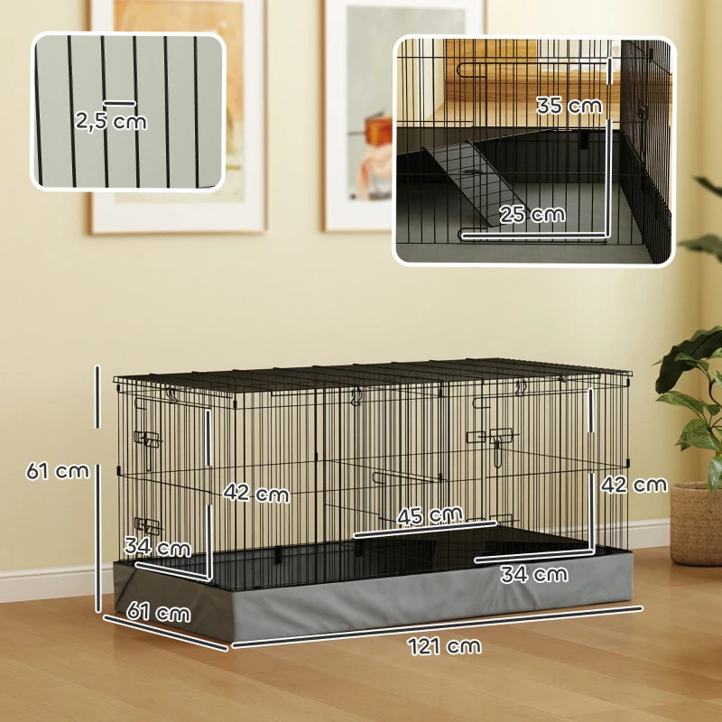 PawHut Gabbia per Animali Piccoli 2 in 1, Coperchio Rimovibile e Sezioni Separate, 121x61x61 cm, Nero