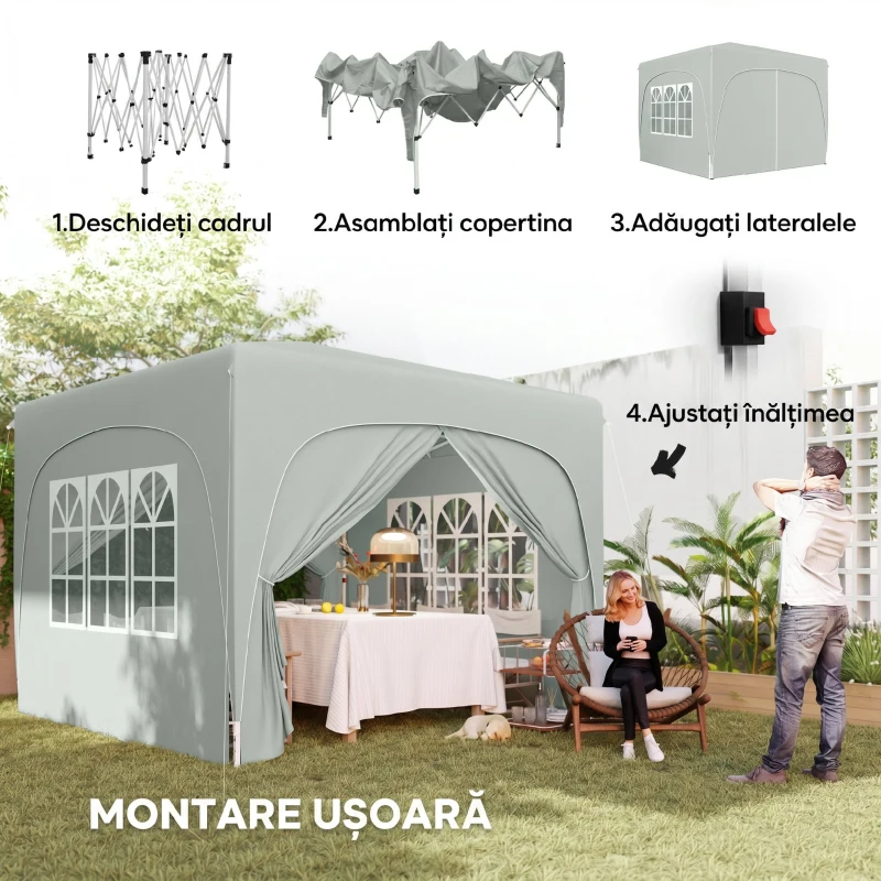 Outsunny Foișor de Grădină 3x3 m Pliabil cu Înălțime Reglabilă, Protecție UPF50+ și Geantă, Gri Deschis
