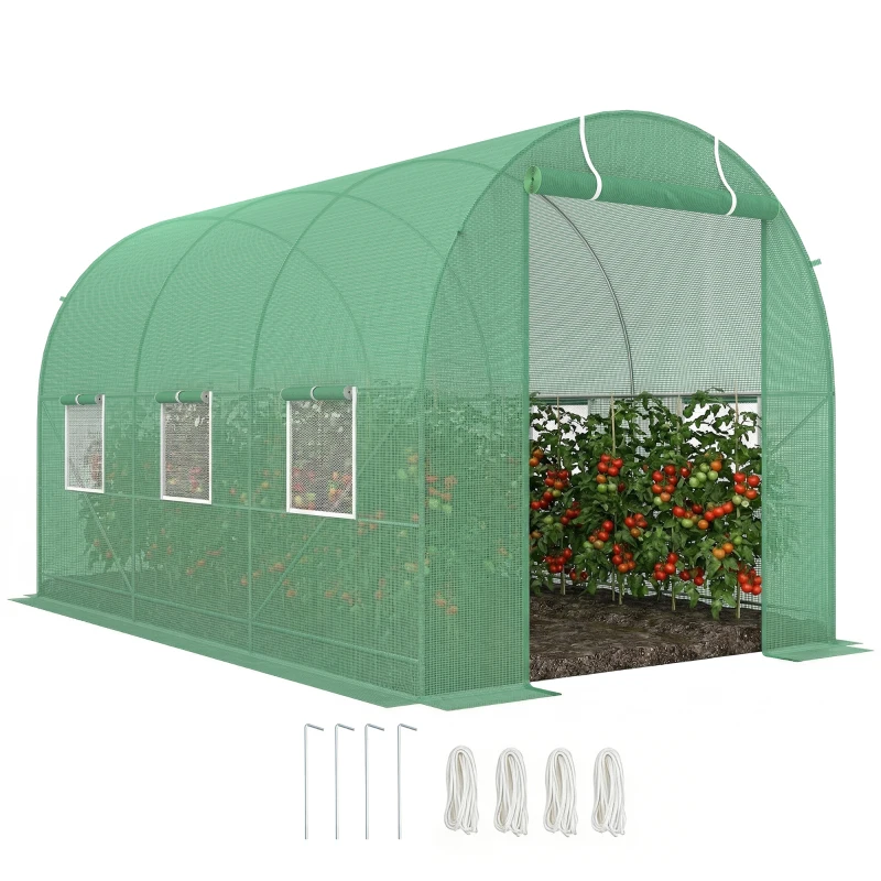 Outsunny Gewächshaus 350x200x200cm Foliengewächshaus Tomatenhaus mit Tür, 6 Fenster, Folientunnel aus verzinktem Stahl, PE, stabiles Treibhaus Pflanztunnel, inkl. Erdanker & Seilen, Grün
