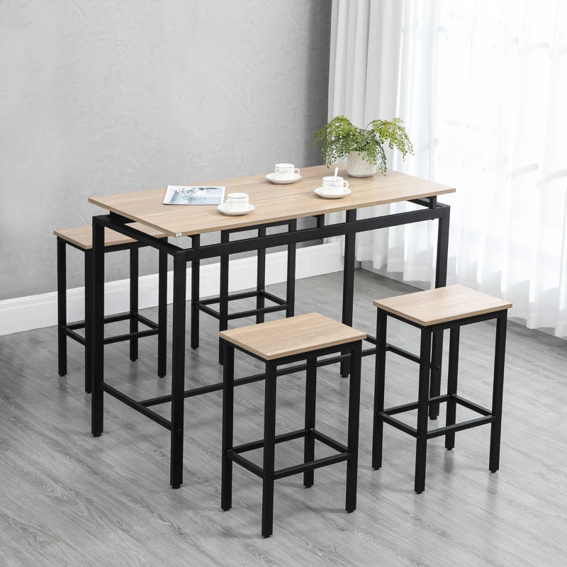 HOMCOM Bartisch, Barhocker, 5-teiliges Set, Industrial Design, Stahlrahmen, Eiche+schwarz, 120 x 60 x 90cm