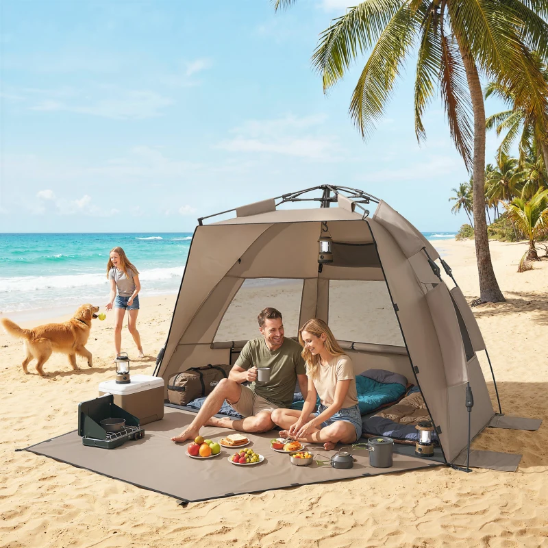 Outsunny 2-3 Person Pop Up Beach Tent, UPF15+ Sun Shelter with Extended Floor, Sandbags, Mesh Windows and Carry Bag, Brown