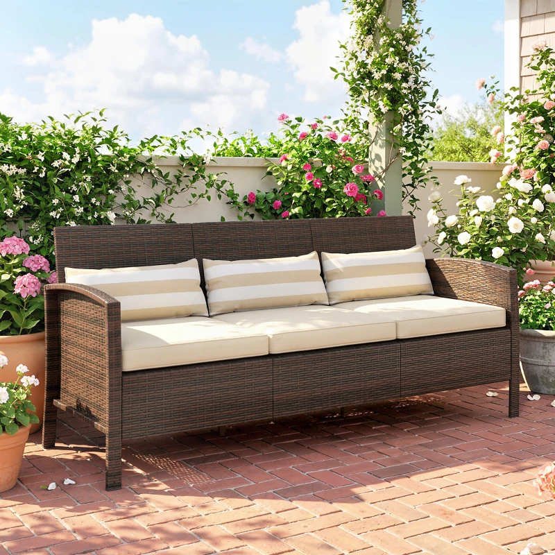 Outsunny Rattan Sofa mit Kissen, Dreisitzer, Garten Loungesofa, Stahl, Braun, 173 x 68 x 78 cm