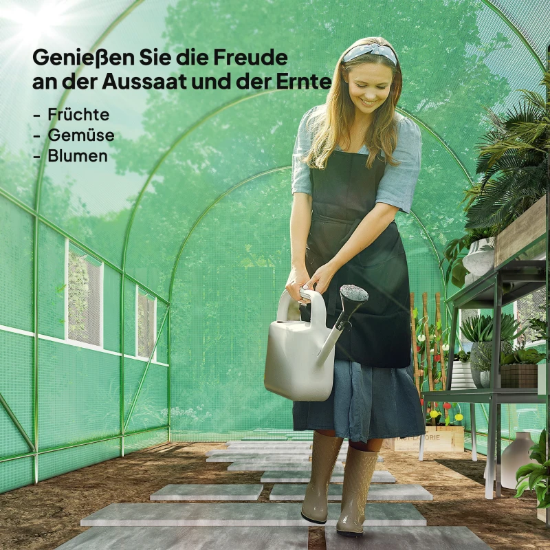 Outsunny Gewächshaus 350x200x200cm Foliengewächshaus Tomatenhaus mit Tür, 6 Fenster, Folientunnel aus verzinktem Stahl, PE, stabiles Treibhaus Pflanztunnel, inkl. Erdanker & Seilen, Grün