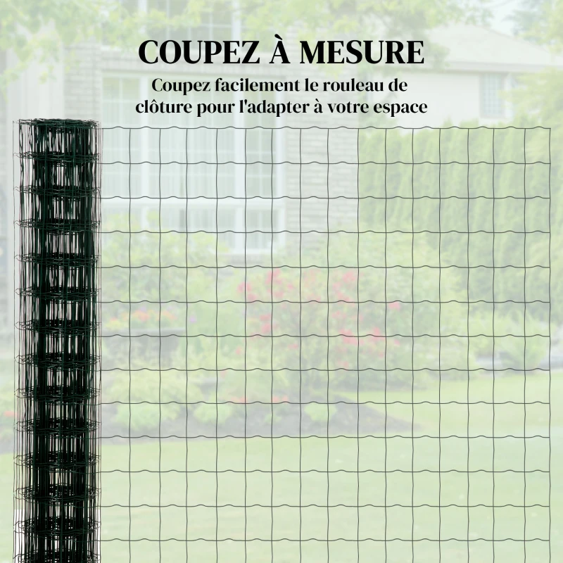 Outsunny Grillage Rouleau soudé - Maille 7,3L x 6,3l cm - Hauteur 2 m - Longueur 10 m - poteaux, Jambes de Force Inclus - Acier revêtement PVC Vert