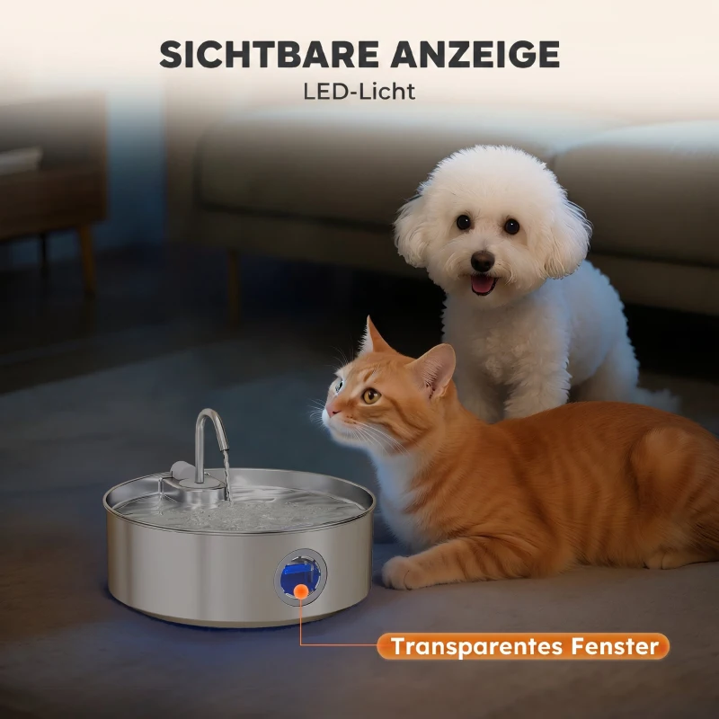 PawHut Fântână pentru Pisici 7L cu Lumină LED și Filtrare Triplă, din Oțel Inoxidabil 304, 30.5x31.2x19.3 cm, Argintiu