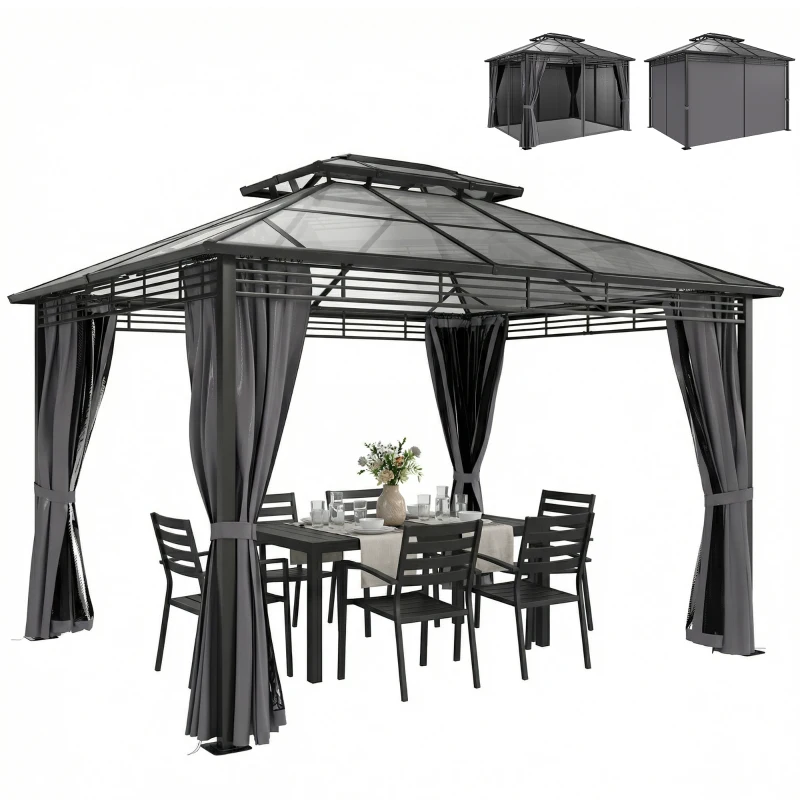 Outsunny Gartenpavillon ca. 3,6x3m Aluminium Pavillon mit 6 mm Polycarbonat-Doppeldach Moskitonetz 4 Seitenteile Dunkelgrau
