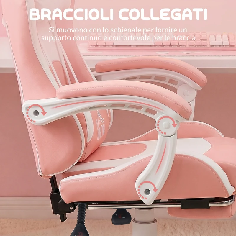 HOMCOM Sedia da Gaming Ergonomica con Orecchie da Gatto, Poggiapiedi, Supporto Lombare e Cervicale, Rosa