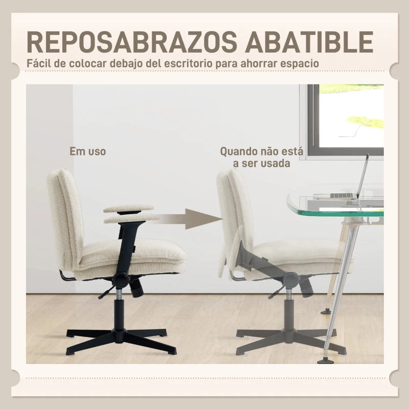 HOMCOM Silla de Oficina Piernas Cruzadas con Reposabrazos Abatible Asiento Ancho sin Ruedas Altura Ajustable Giratoria Crema