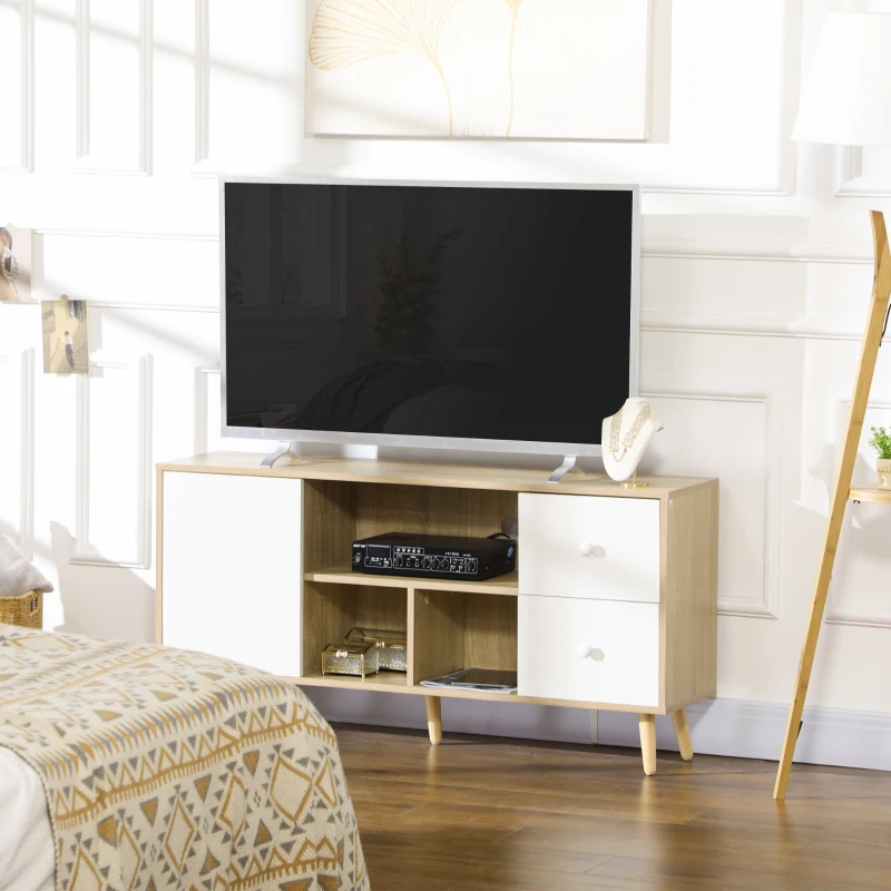 HOMCOM Meuble TV pour télévision jusqu'à 45 pouces pieds en bois massif style scandinave 3 niches 1 placard 120 x 30 x 60 cm