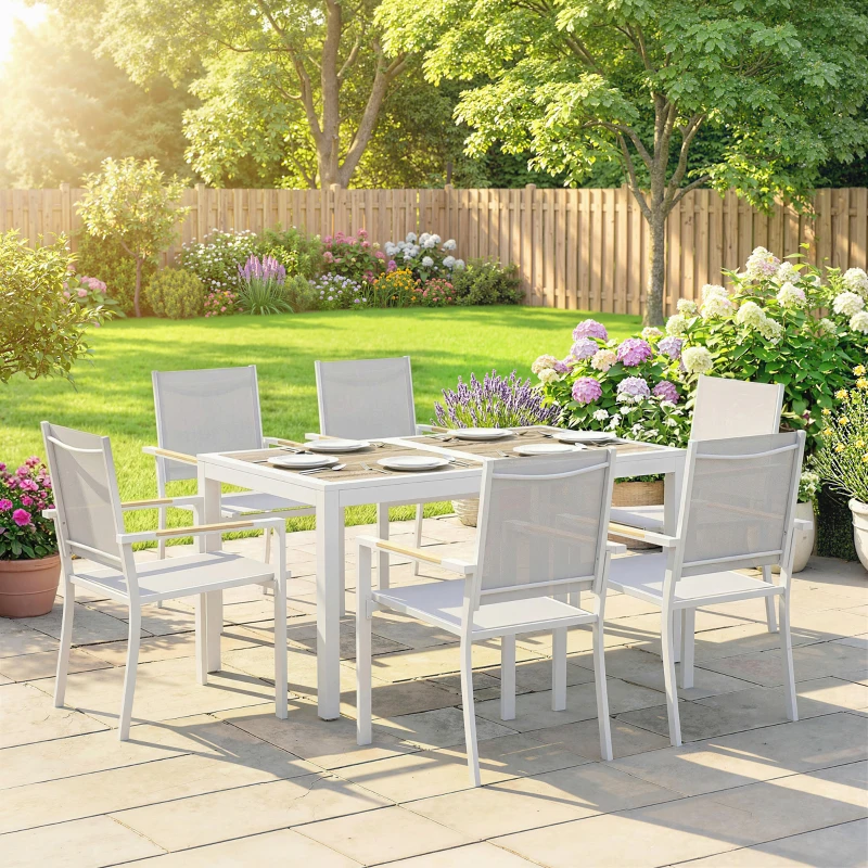 Outsunny Conjunto de Mesa y Sillas Jardín con Mesa de Plástico PSPC y 6 Sillas Apilables Transpirables para Terraza Patio Blanco