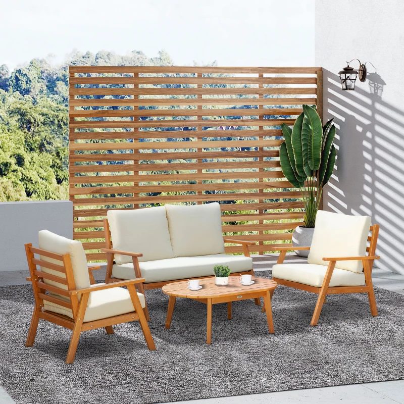 Outsunny Gartenmöbel-Set für 4 Personen Balkonmöbel-Set mit Sitzkissen, Couchtisch, Kiefernholz, Beige